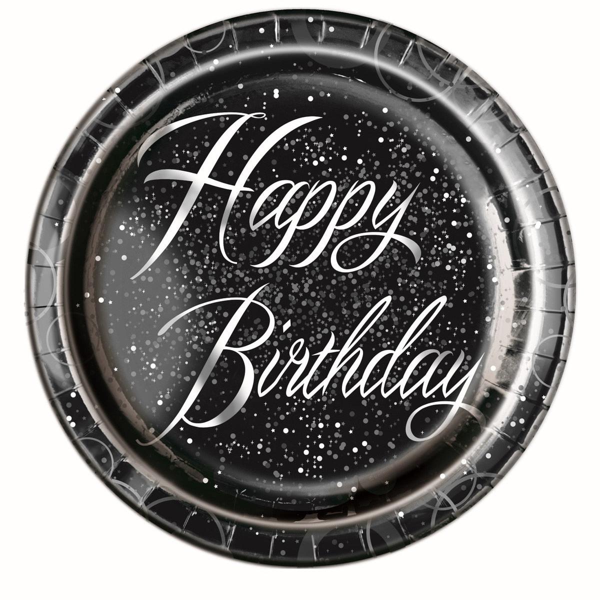 Glitz Silver Happy Birthday 8 x 23cm (9") Foil Stamped Paper Plates