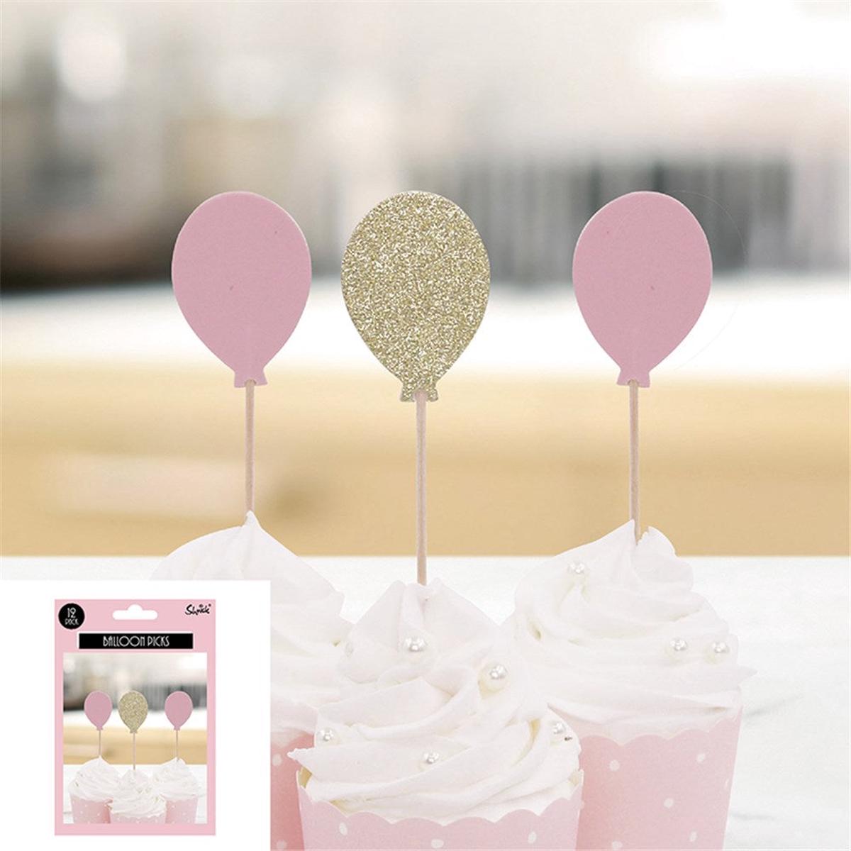 Balloon Picks 10Cm 12Pk - Pink/Champagne