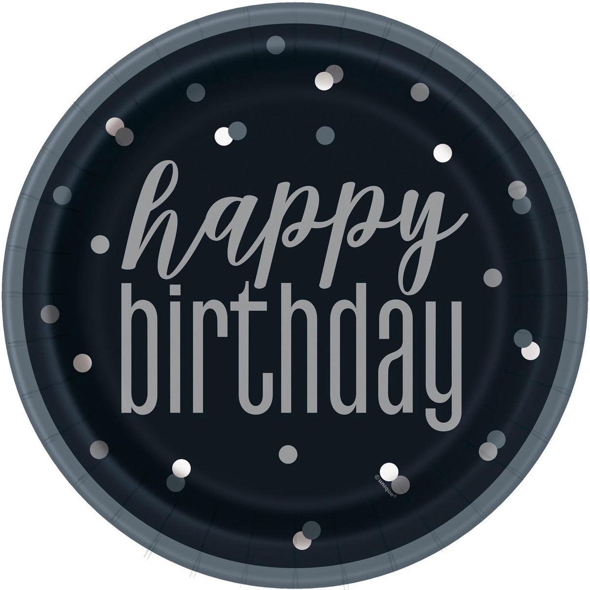 Black And Silver Happy Birthday 8 x 23cm (9") Paper Plates