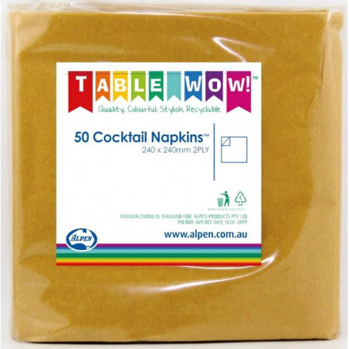 Cocktail Napkin Gold 24x24cm 2ply 50pk