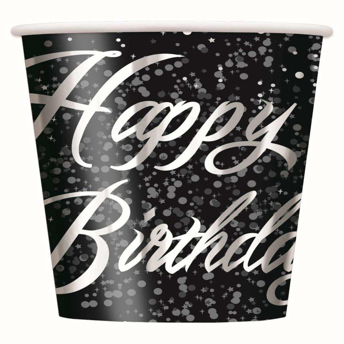 Glitz Silver Happy Birthday 8 x 270ml (9oz) Foil Stamped Paper Cups