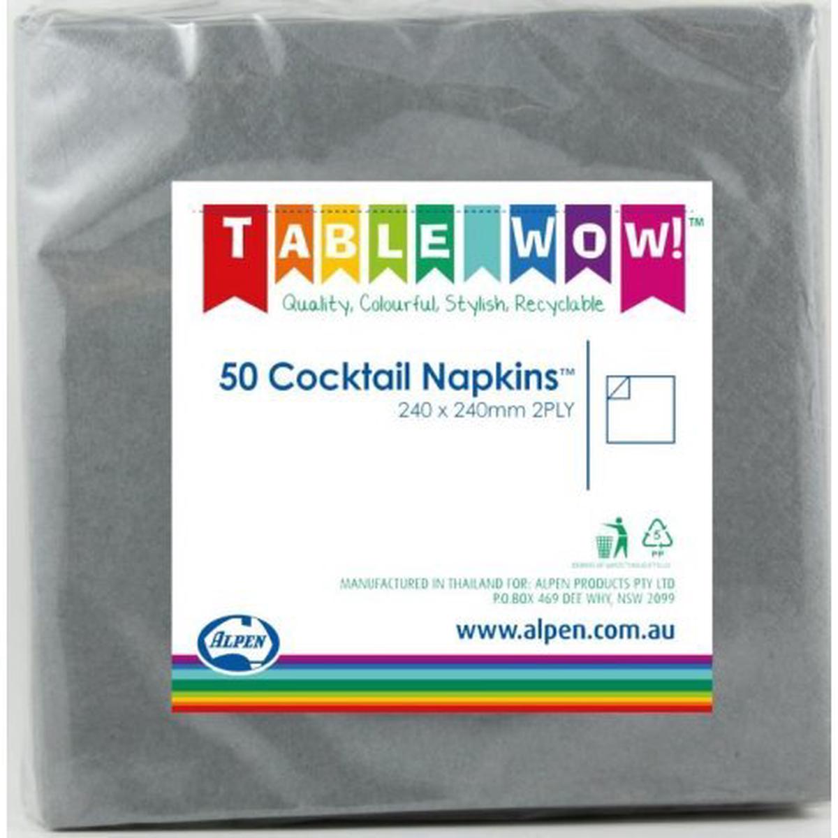 Napkins Cocktail Silver 25x25cm 2ply 50pk