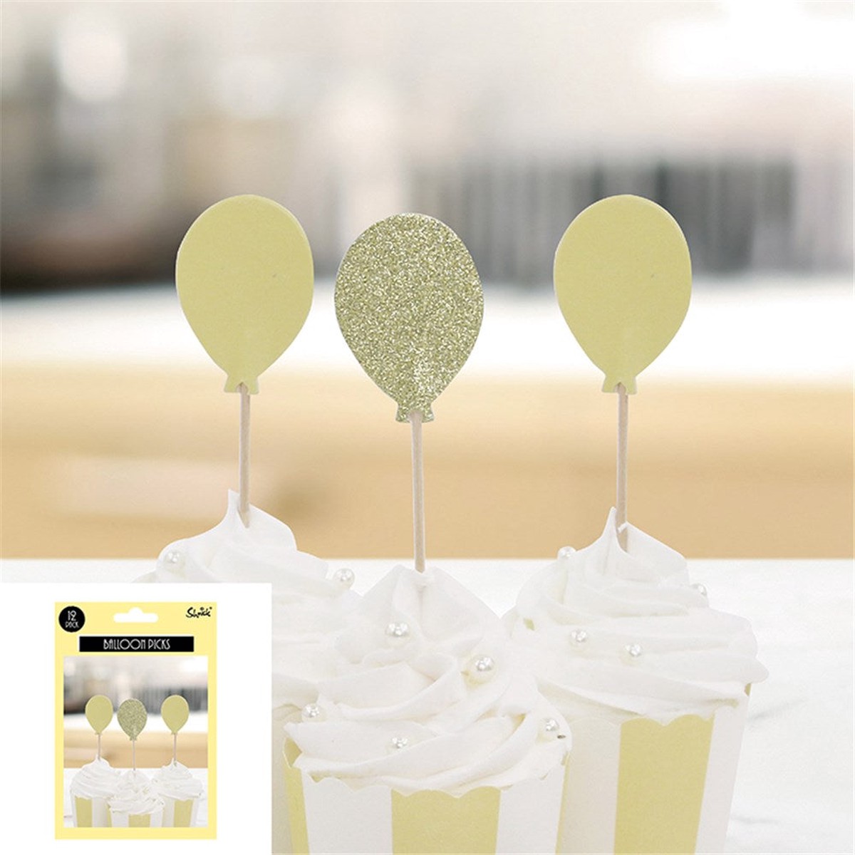 Balloon Picks 10Cm 12Pk - Yellow/Champagne
