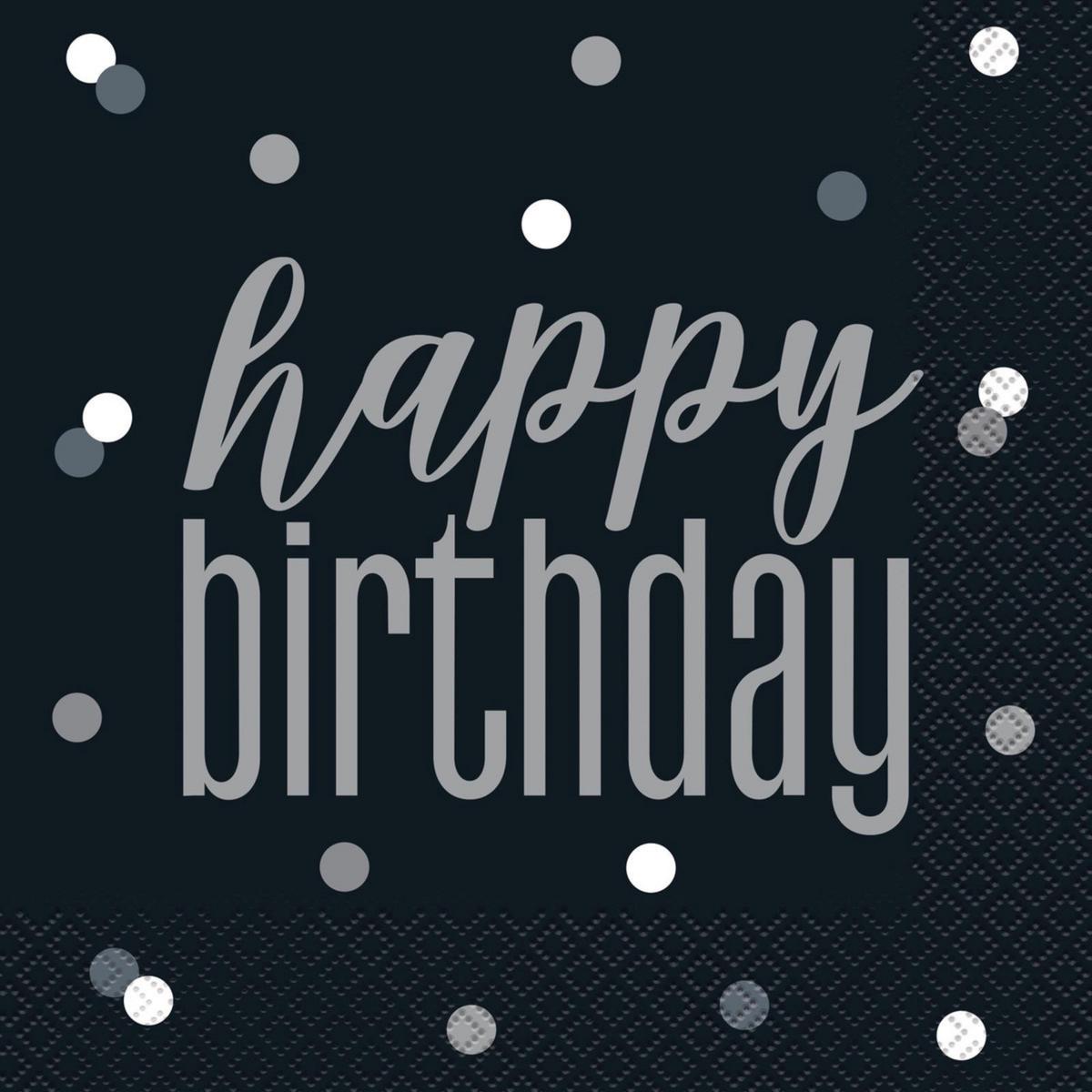 Black And Silver "Happy Birthday" 16 Luncheon Napkins 2ply 33cm x 33cm