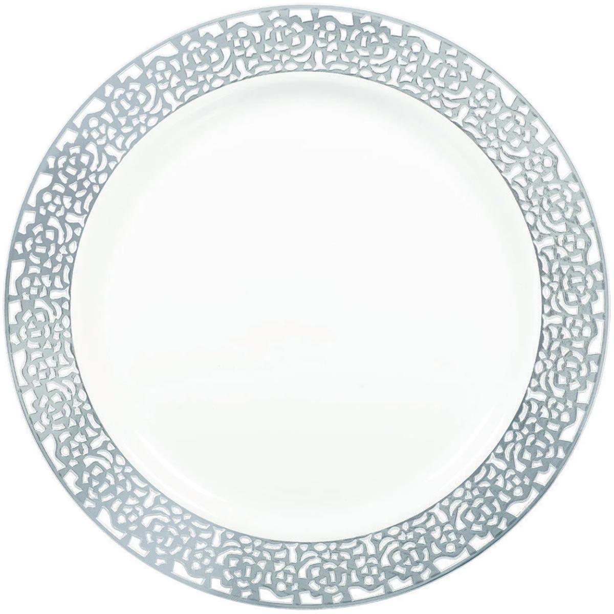 Premium White with Silver Lace Border Round Plastic Plates 19cm 20pk
