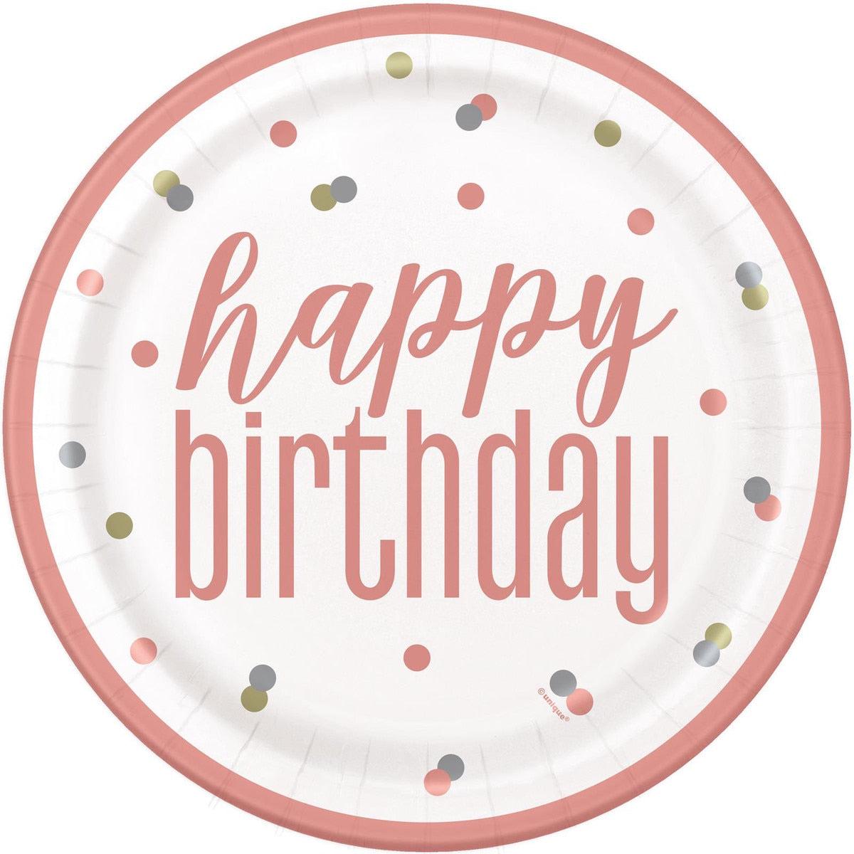 Rose Gold Happy Birthday 8 x 23cm (9") Paper Plates