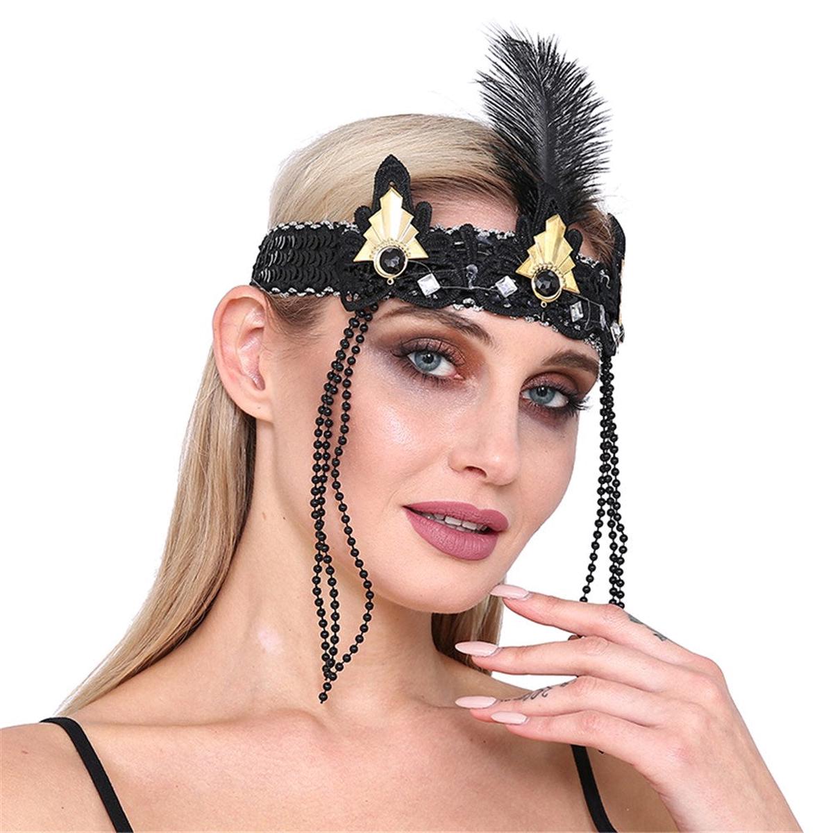FLAPPER HEADBAND GOLD BLACK MIDDLE FEATHER