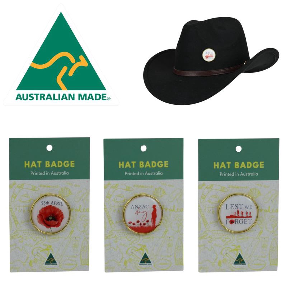 ANZAC DAY POPPY HAT BADGE 3 Assorted