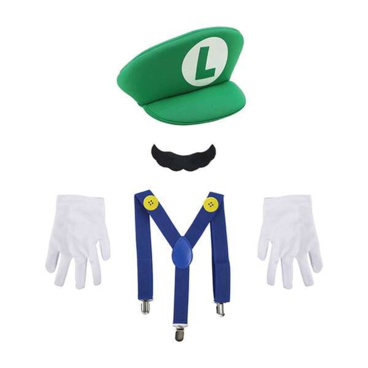Kids Luigi Dress Up Kit-Hat, Moustache, Button, Suspender, Gloves