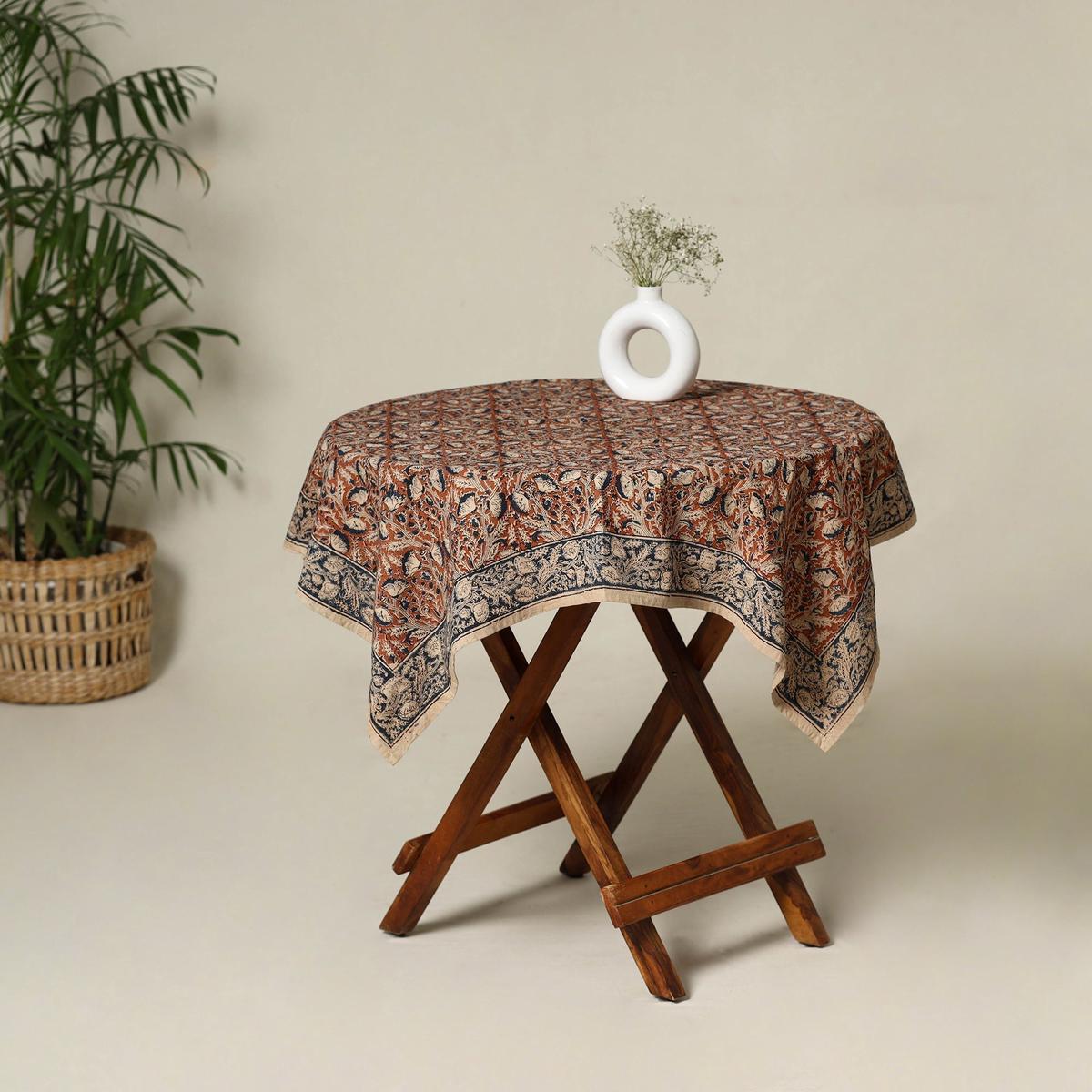 Brown - Original Pedana Kalamkari Block Print Natural Dyed Cotton Table Cover (43 x 42 in) 34