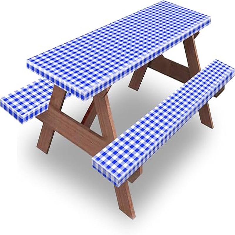KENOBEE 7ft Picnic Table and Bench Cover, Camping Essentials RV Gear, 84 in Waterproof Windproof Outdoor Elastic All Around Tablecloth, Fitted Rectangle Tables and Seats, Blue-White Checkered