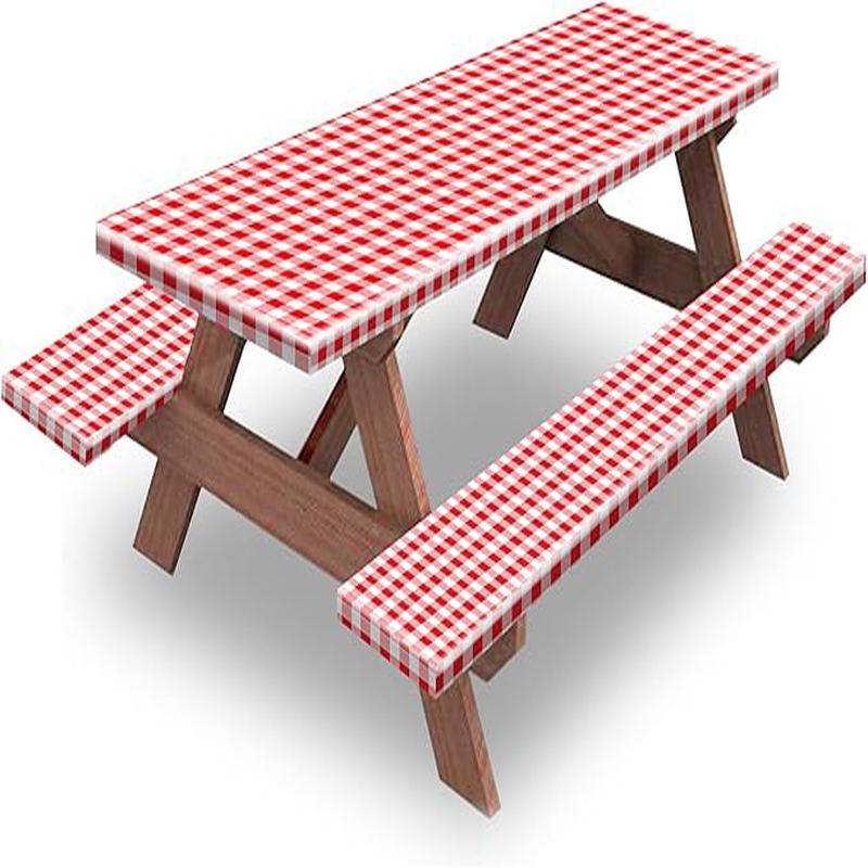 KENOBEE 7ft Picnic Table and Bench Cover, Camping Essentials RV Gear, 84 in Waterproof Windproof Outdoor Elastic All Around Tablecloth, Fitted Rectangle Tables and Seats, Red-White Checkered