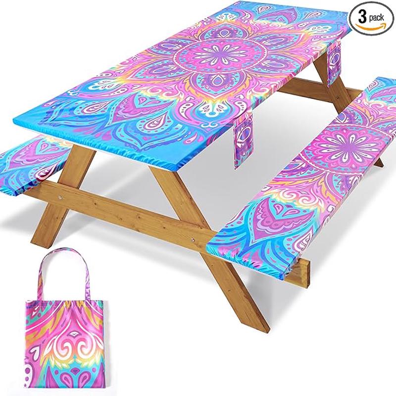 3 Piece Picnic Table Cover with Bench Covers 72x30In Fitted Elastic Heavy Duty Camping Table Cloths Camp Motorhome Gear Garden Festival Stuff Road Trip Outdoors Must Haves Gifts for Mom Dad