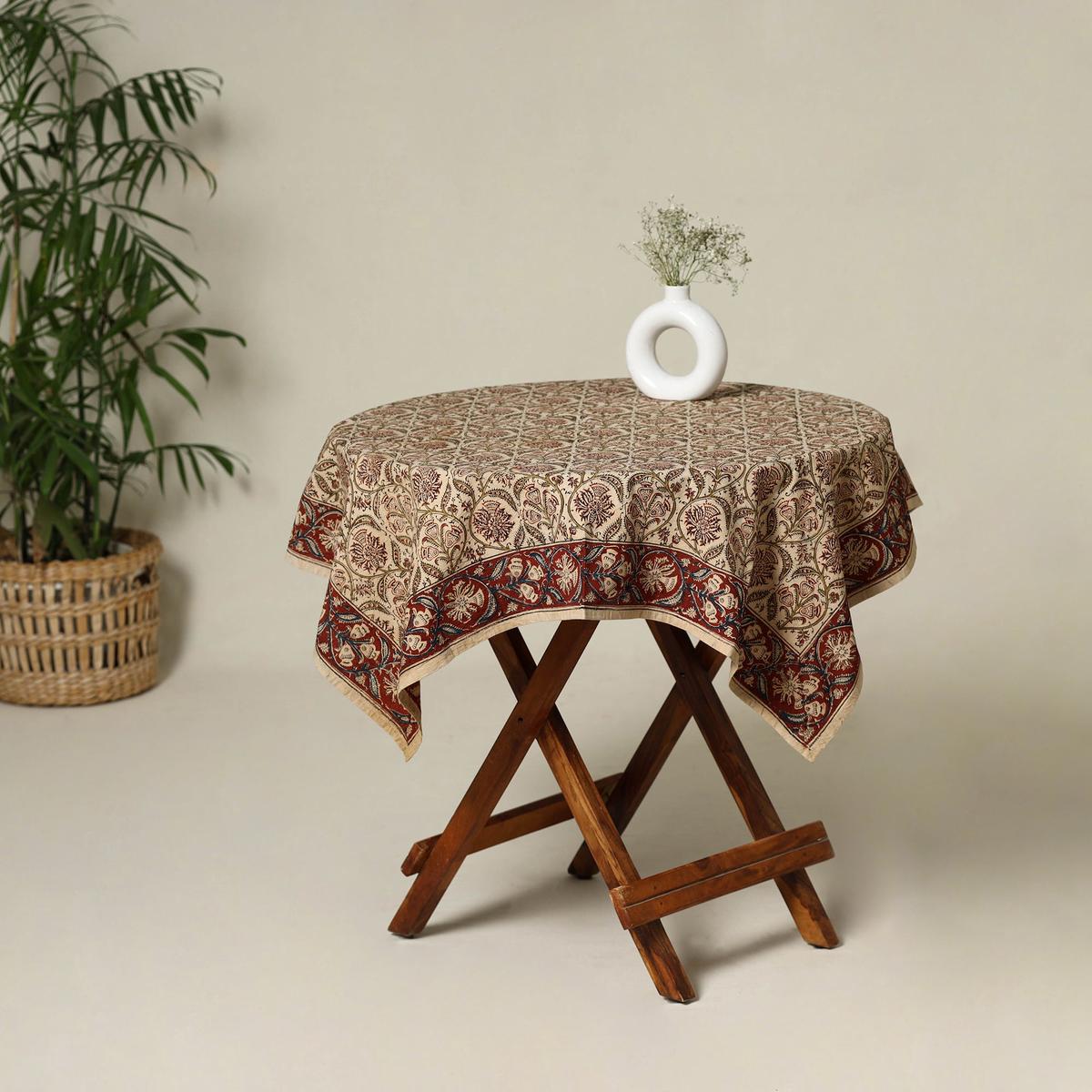Beige - Original Pedana Kalamkari Block Print Natural Dyed Cotton Table Cover (43 x 42 in) 36