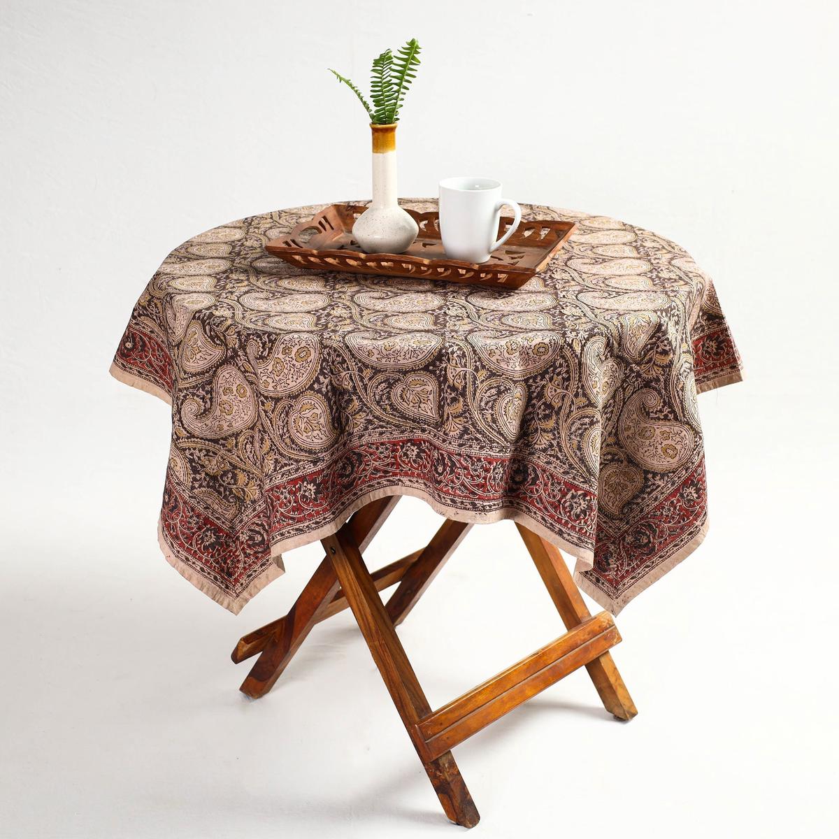 Beige - Original Pedana Kalamkari Block Print Natural Dyed Cotton Table Cover (46 x 43 in) 24