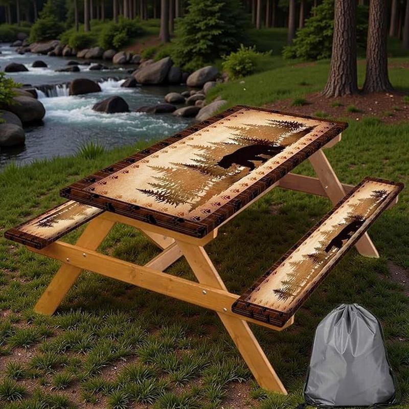 30X96 Inch Brown Bear Picnic Table Cover with Bench Cover and Drawstring Bag, Waterproof Washable Fitted Outdoor Tablecloth Rectangular Elastic Edged for Camping Outdoor Travel, 3 Pieces Set