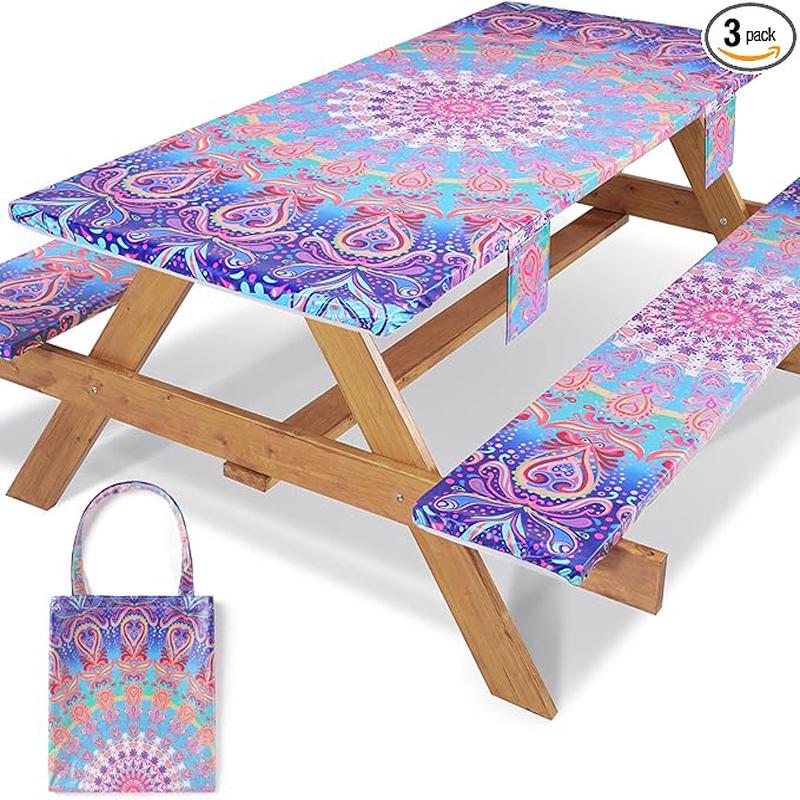 72x30 Picnic Table Cover with Bench Covers Reusable Polyester Camping Tablecloths for Outdoors Camp Trailer Stuff Traveling Road Trip Necessities Retirement Boho Summer Fall Party Decorations
