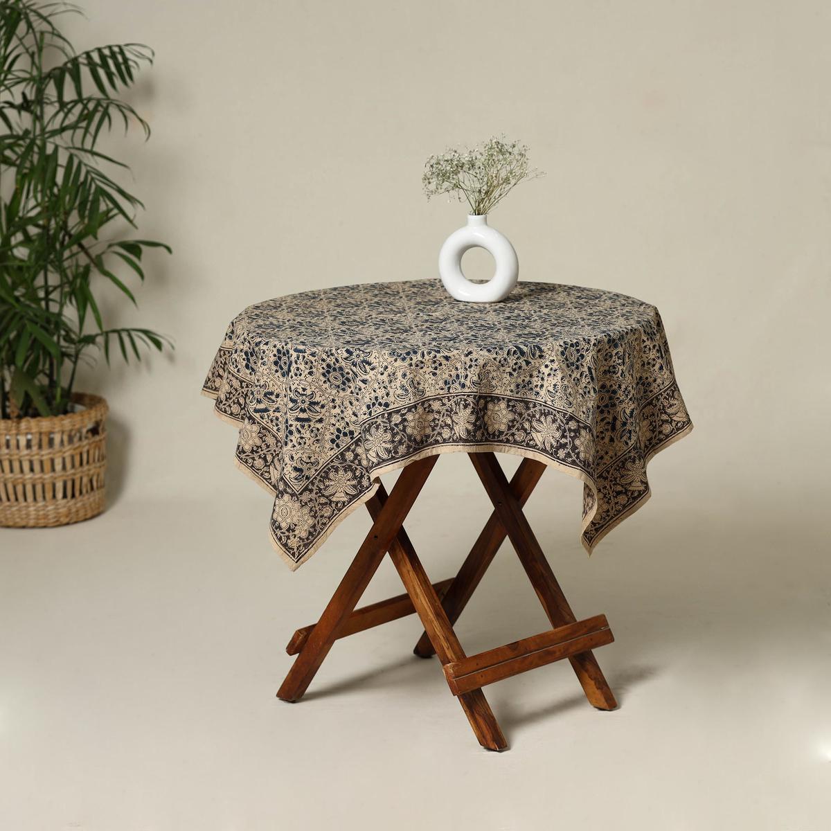 Beige - Original Pedana Kalamkari Block Print Natural Dyed Cotton Table Cover (43 x 42 in) 30
