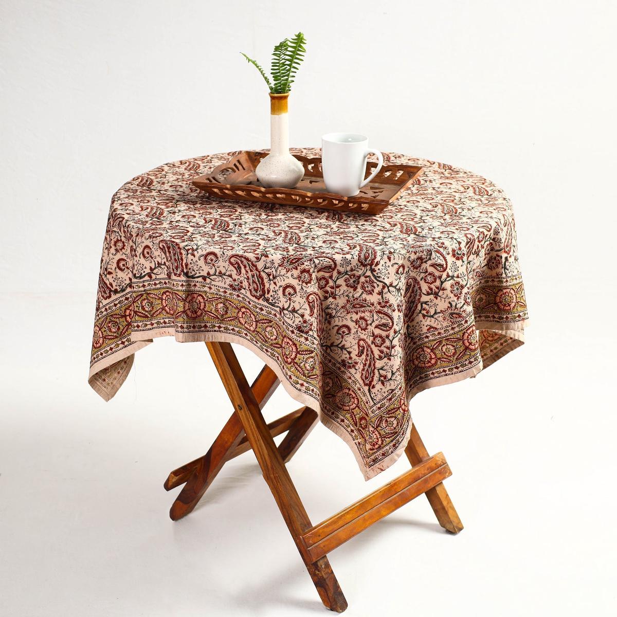 Beige - Original Pedana Kalamkari Block Print Natural Dyed Cotton Table Cover (46 x 43 in) 09