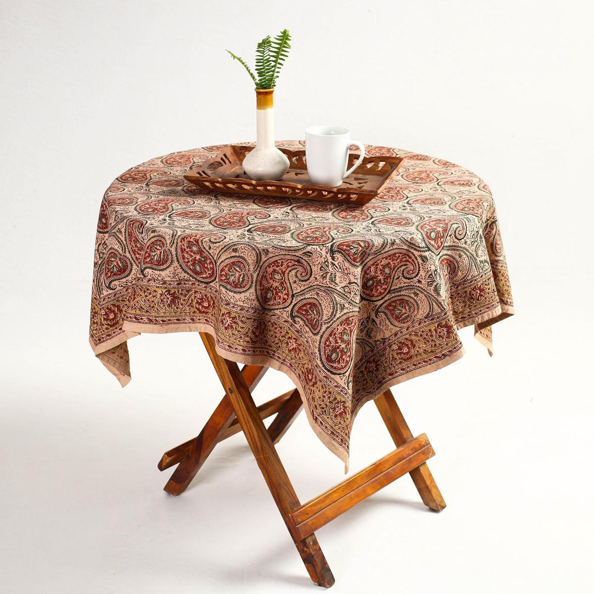 Beige - Original Pedana Kalamkari Block Print Natural Dyed Cotton Table Cover (46 x 43 in) 14
