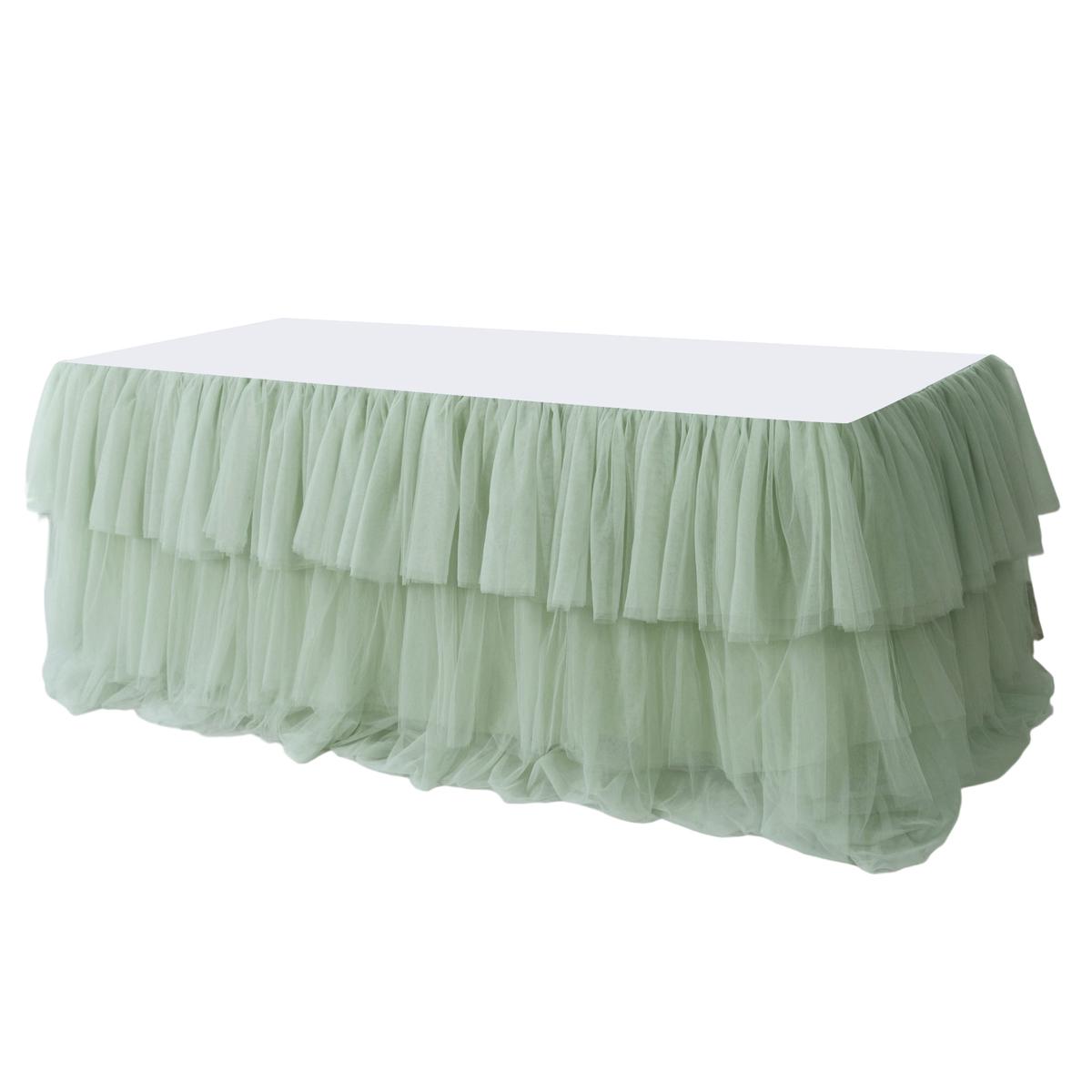 14ft Ruffle Layered Sage Green Tulle Tableskirt