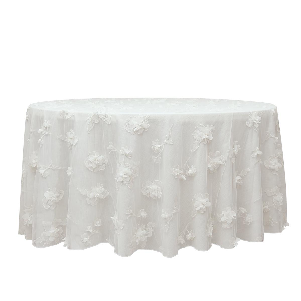 3D Gardenia Embroidery Sheer 120" Round Tablecloth - White