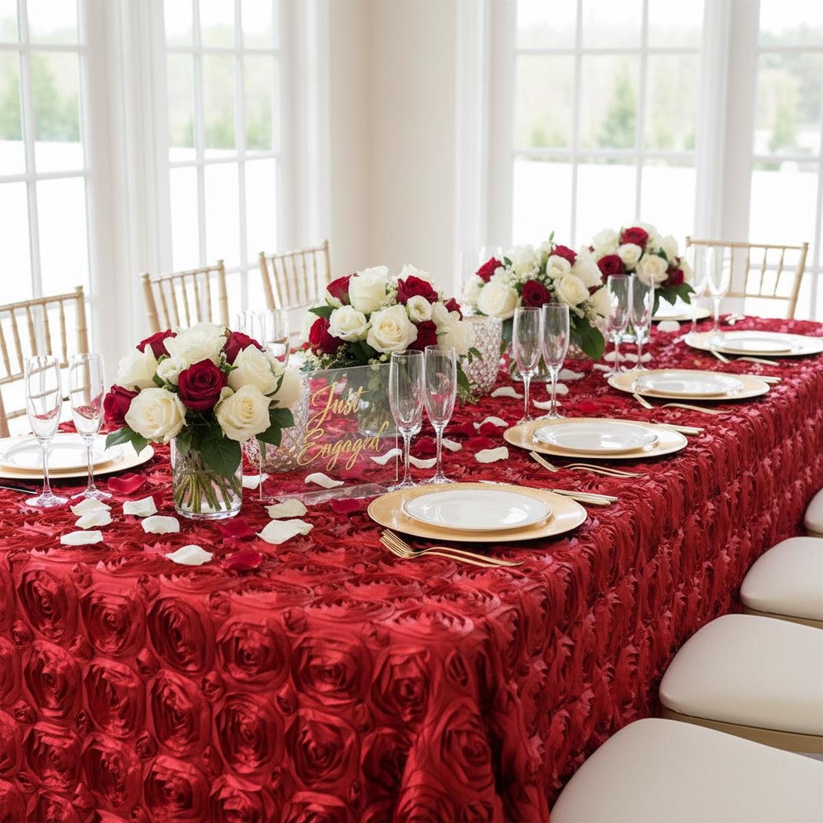 Wedding Rosette Satin 90"x156" rectangular Tablecloth - Apple Red