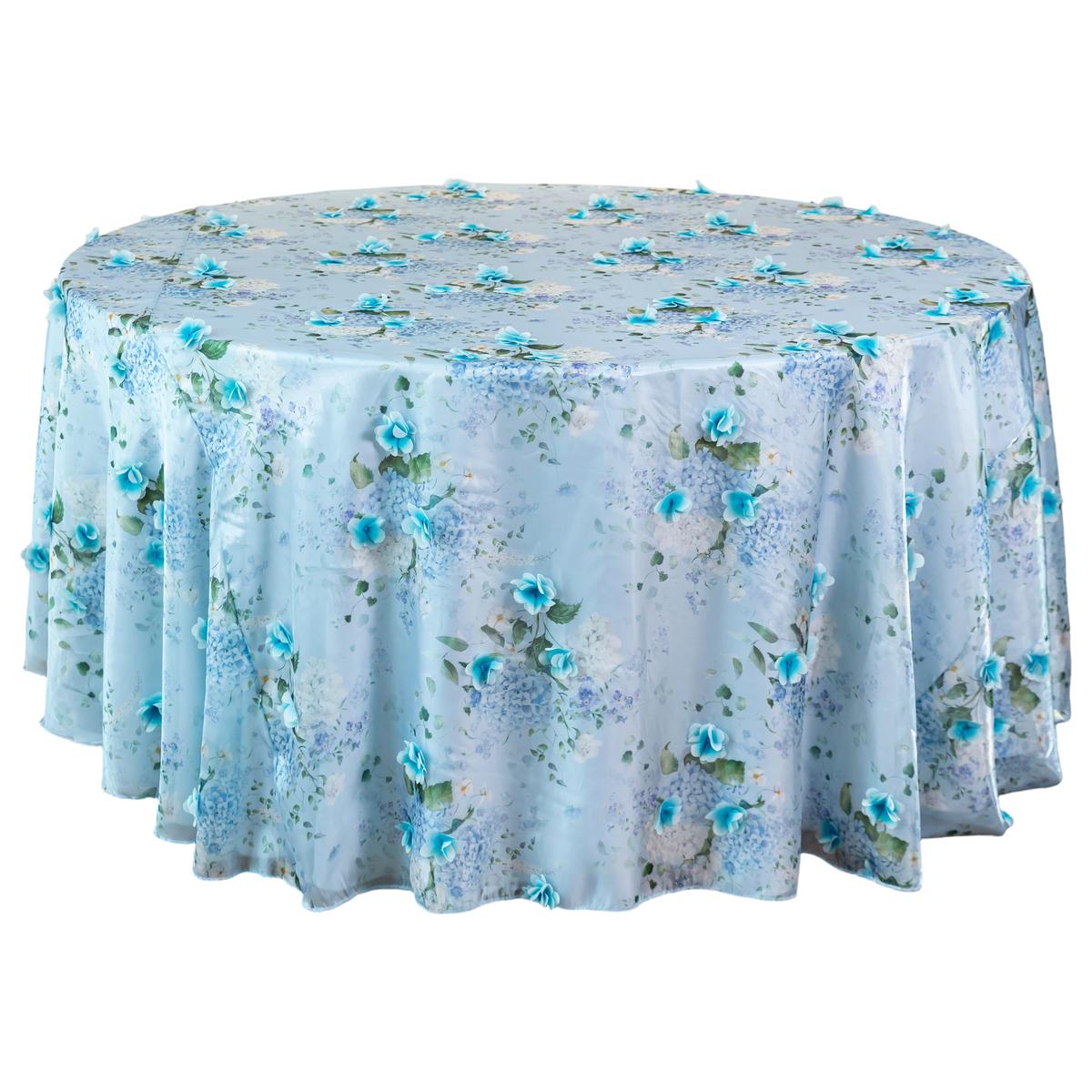 3D Floral Snow Organza Tablecloth/Overlay 132" Round - Blue
