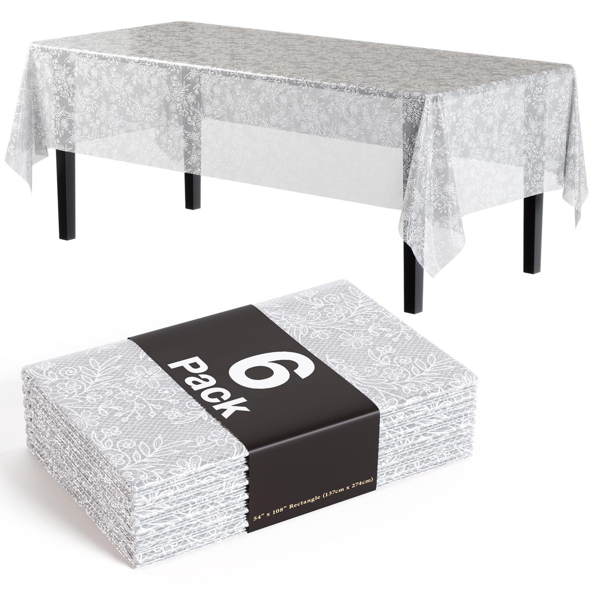 White Floral Plastic Table Covers | 6 Pack - 54 In. x 108 In.