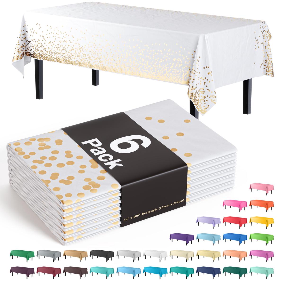 White & Gold Celebrate Printed Plastic Table Covers | 6 Count - 54 In. x 108 In.