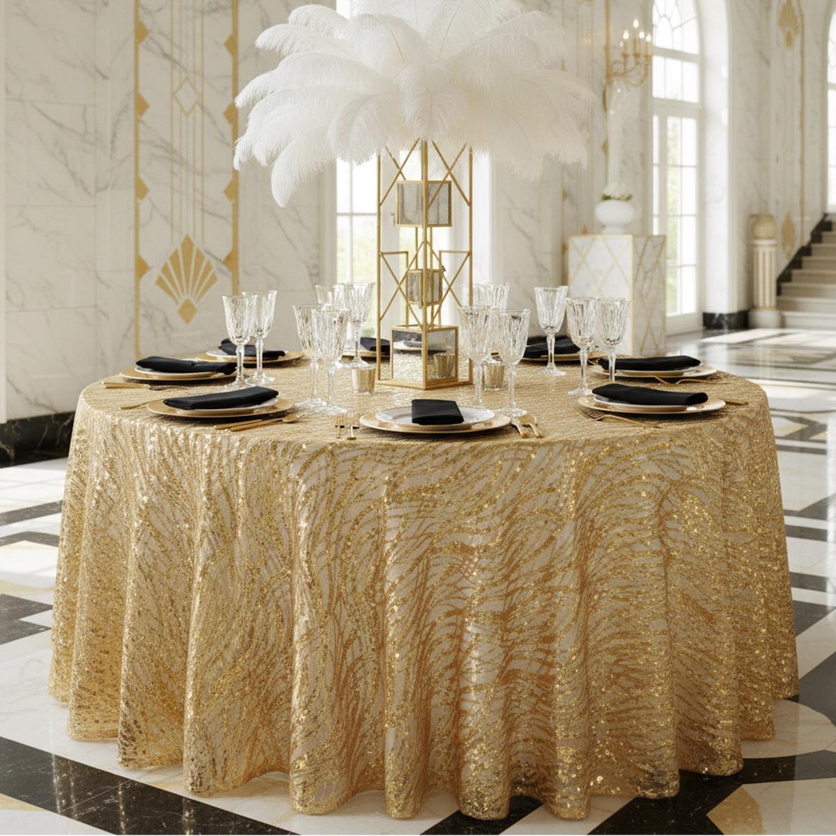 Wave Sequin Mesh Tablecloth 120" Round - Gold