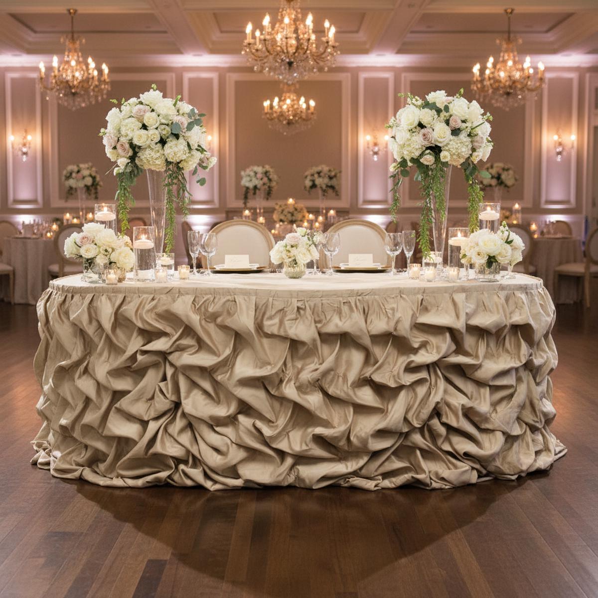 17ft Gathered Lamour Satin Table Skirt - Champagne