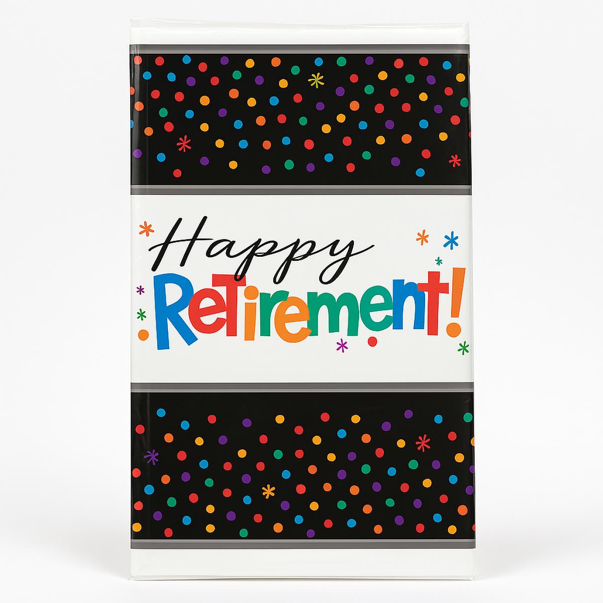 "Happy Retirement" Polka Dot Plastic Table Cover, 54x102-inch - 54 x 102 in.